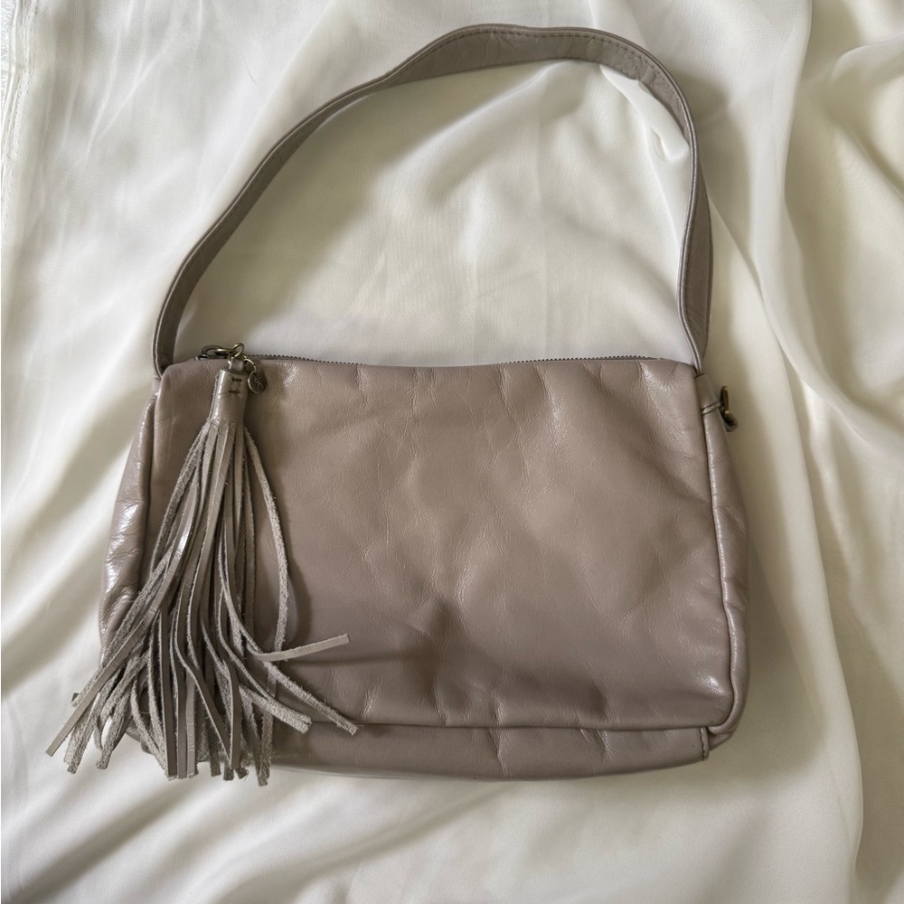 HOBO Taupe Leather Shoulder Bag with Tassel